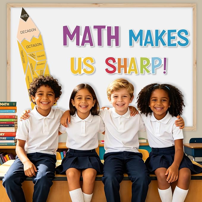 21Pcs Math Bulletin Board Decorations Sets, Pencil Decorations for Classroom, Educational Math Makes Us Sharp Geometry Paper Cutouts for Back to School Teachers Supplies Window Door Wall Decor
