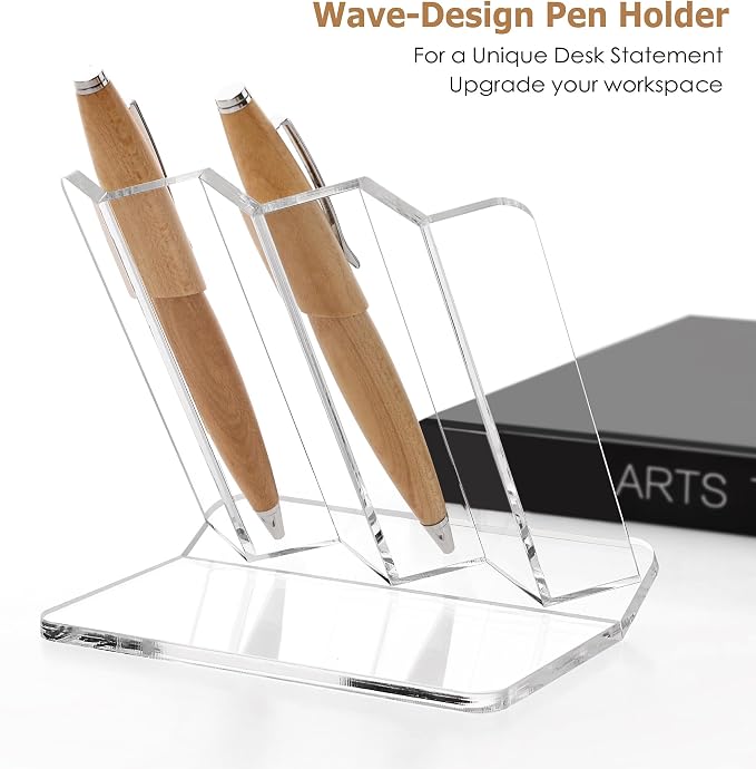 Acrylic Desk Fountain Pen Display Stand Holder, Clear 3 Spaces Vertical | Makeup Brush Rack, Ballpoint Pencil Wand Showcase, Paintbrush Drying Organizer for Home School Office or Store Use