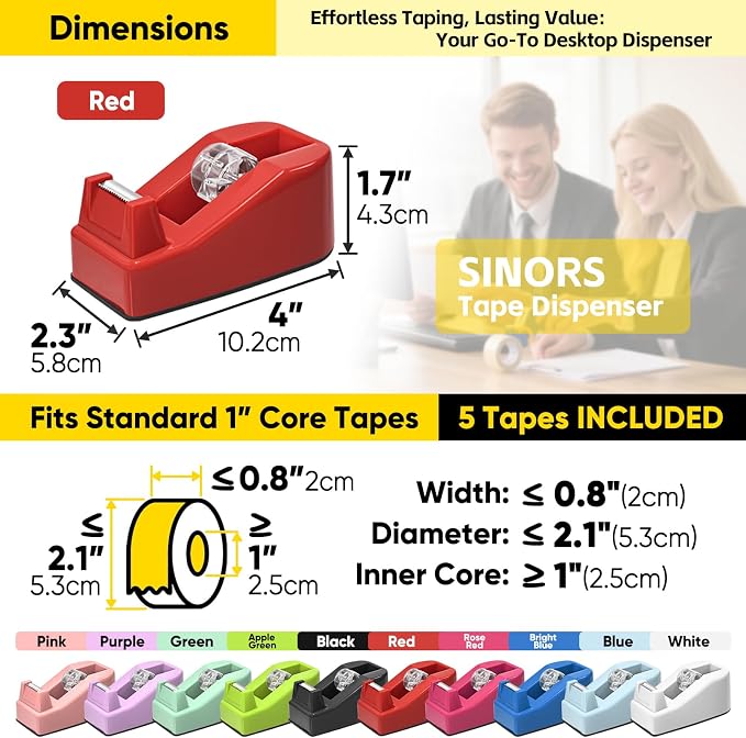 2-Pack Compact Office Tape Dispenser w/ 5 Rolls of 1" Tape, Red | Standard 1-Inch Core Clear Tape Roll Holder, Small & Lightweight, Smooth Cut Blade, Rubber Base, Aesthetic Desktop Supplies