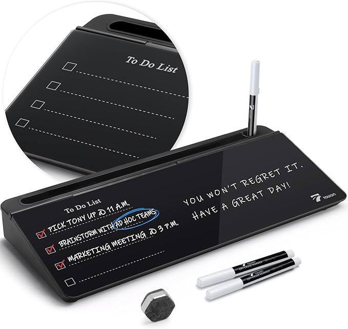 TOWON Glass Desk Whiteboard 16x7 in with to-Do List Templates, Black | Desktop whiteboard with lined and free section templates. Reminder memo notepad. Glass dry erase with storage.