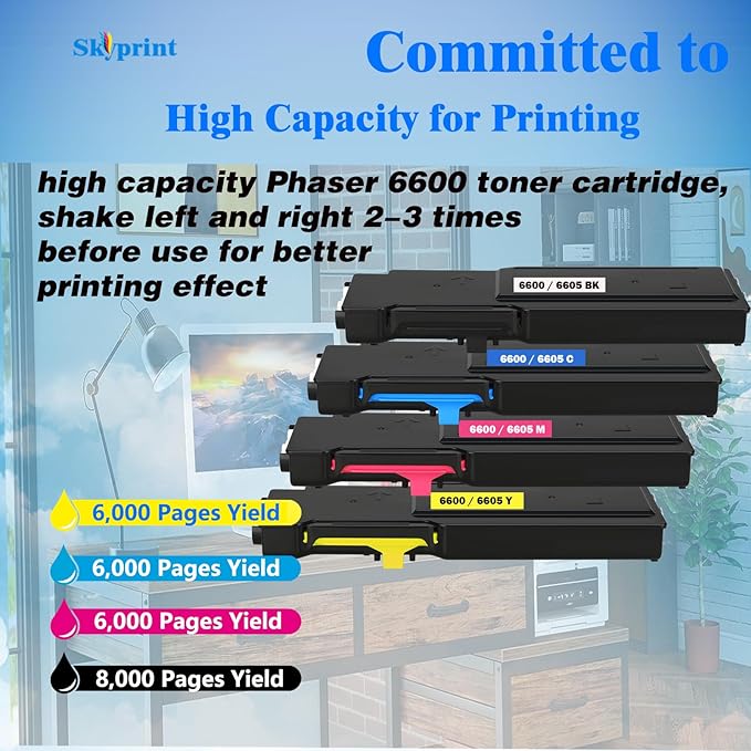 Phaser 6600 WorkCentre 6605 High Yield Toner Cartridge Replacement for Xerox Phaser 6600 6600N 6600DN WorkCentre 6605 6605N 6605DN Printer (Black:8,000 Pages;Cyan Magenta Yellow:6,000 Pages)