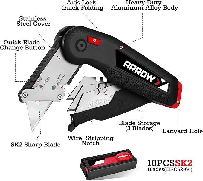 ARROW Utility Knife, Speed Release Folding Knife with Blade Storage Design, Quick Change Box Cutter with Belt Clip and Landyard Hole, Extra 13 Pieces SK2 Blades Included