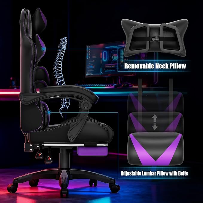 Gaming Chair, RGB LED Lights Computer Chair with Footrest, Lumbar Support Massager Gamer Chair, High Back, 90-135° Reclining, Linkage Armrests, Purple