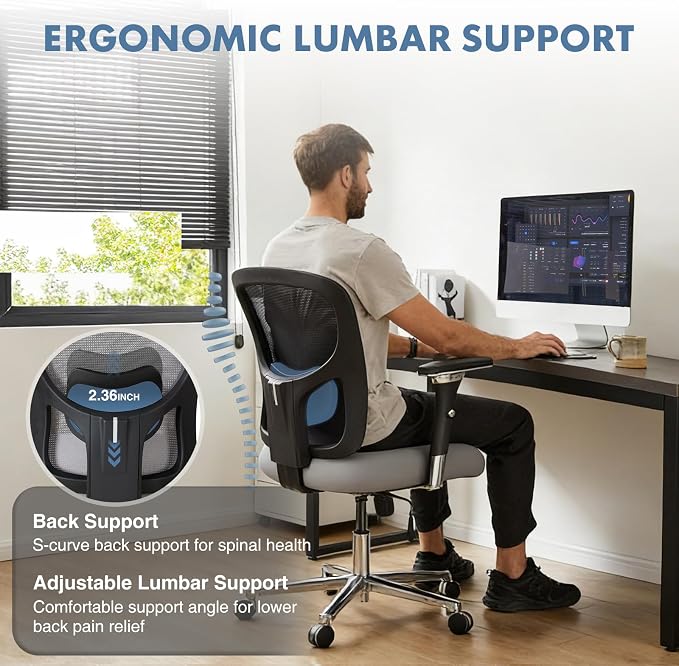 DUMOS Big and Tall Office Desk Chair, 500lbs Heavy Duty Mesh Chair | Ergonomic 4D Armrest, Comfortable Lumbar Support, Wide Seat, 360° Swivel Rolling Wheels, Adult, Grey