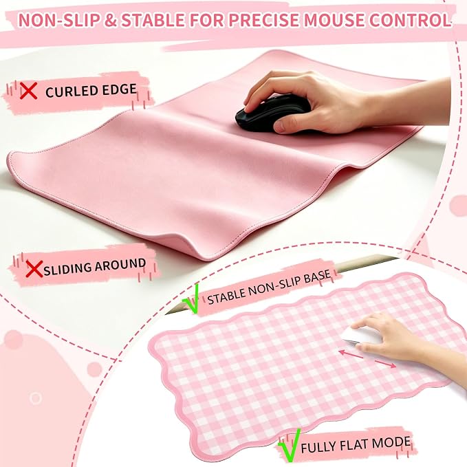 Scalloped Gingham Pink Desk Mat,Large Cute Desk Pad for Keyboard Mouse,Girly Mouse Pad for Desktop Office