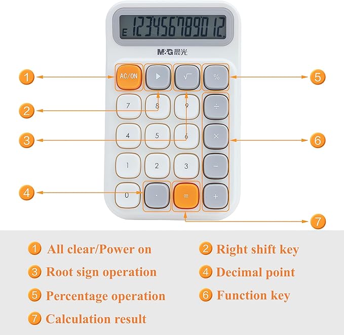 M&G Mechanical Switch Calculator, 12 Digits, Large LCD Display and Big Buttons, Cute White Desktop Calculator for Office, Home, School (Battery Included)