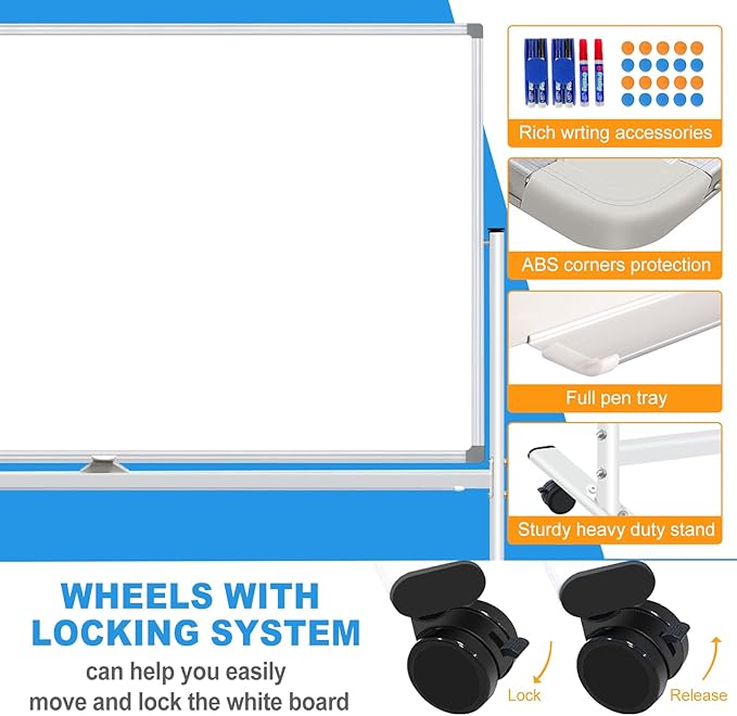Rolling Whiteboard on Wheels 72x48 inch, Large Double-Sided White Board Dry Erase with Stand, Magnetic Mobile Whiteboard with Stands for School, Office, Home 2 Eraser, 6 Markers, 20 Magnets