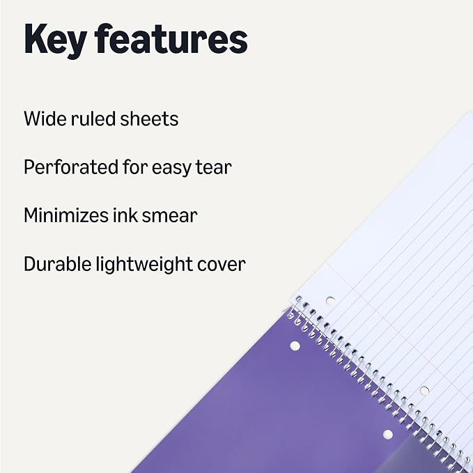 Amazon Basics Wide-Ruled Spiral Notebooks with Poly Cover, 8" x 10.5", 100 Sheets, Radiant Orchid, 3-Pack