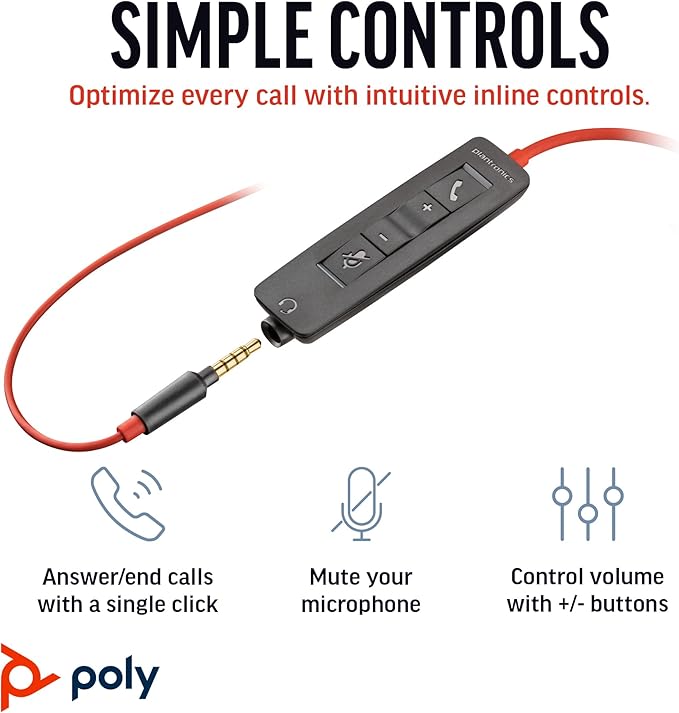 Poly Blackwire 3225 Wired Headset (Plantronics) - Noise-Canceling Mic – Stereo Design - Connect to PC/Mac/Mobile via USB-C, USB-A, or 3.5mm - Works w/Teams, Zoom - Amazon Exclusive