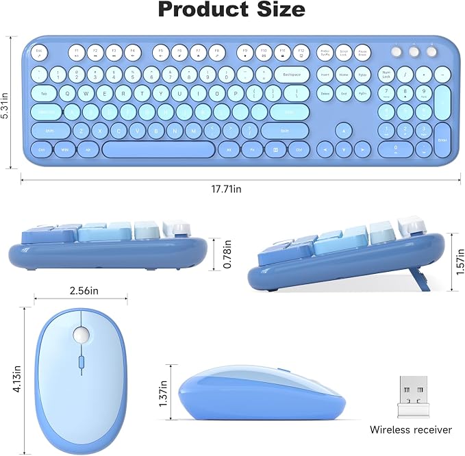 MOFII Wireless Keyboard and Mouse Combo, Computer Full Size 2.4G Plug and Play Wireless Typewriter Retro Round Keyboard and Mouse Set for Windows, Computer, Desktop, PC, Notebook - (Light Blue)