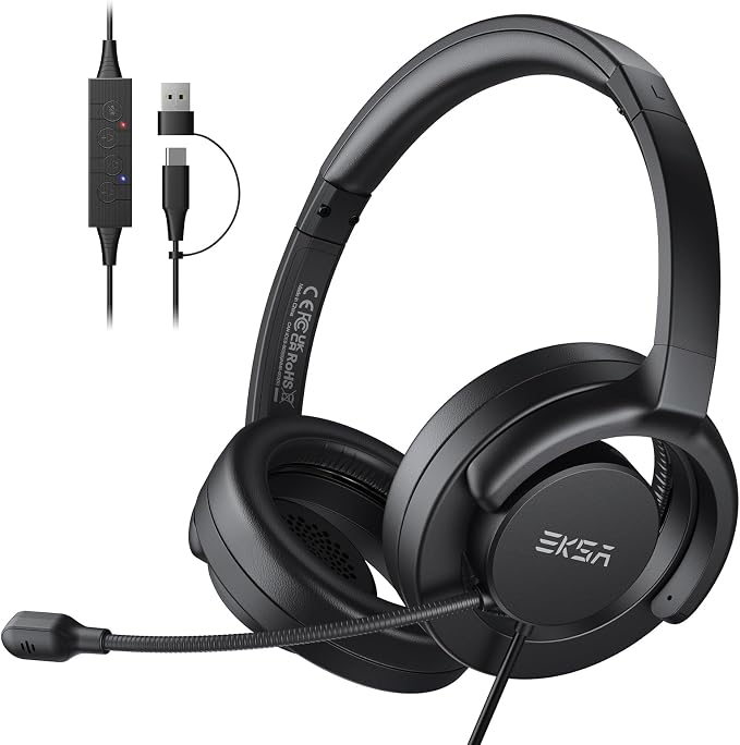 EKSA H27 USB Computer Headset with Microphone for Work, PC Headset with Noise Cancelling Mic, Wired Over-Ear Headphones with in-Line Controls, USB Headset for PC/Computer/Laptop/Call Center/Office
