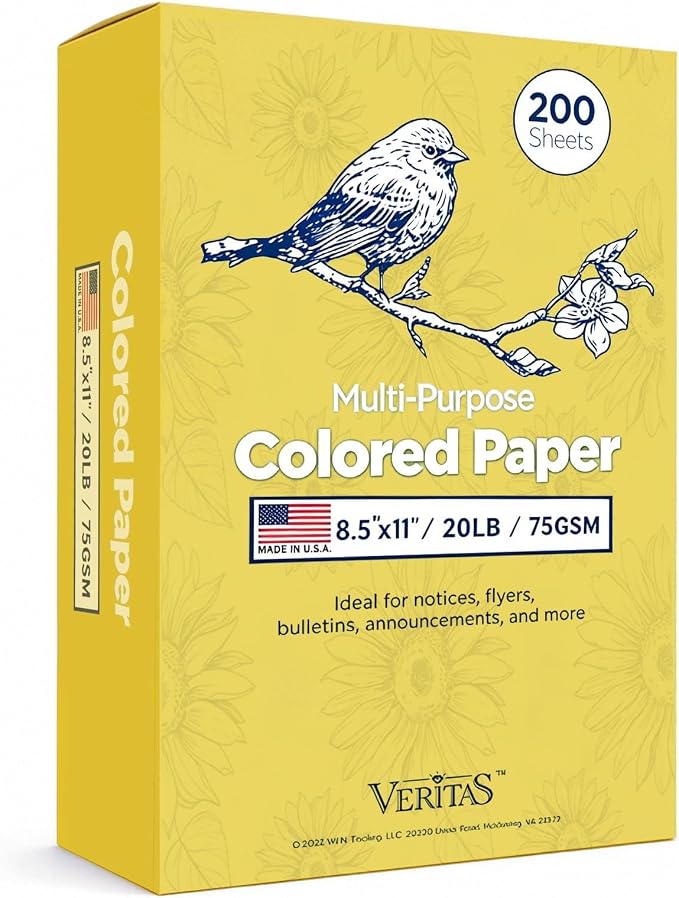 WritePads Veritas Color Copy Paper,Colored Golden Printer Paper 8.5” x 11”, 20 lb / 75 GSM,200 Sheets (1 Reams)，Made in USA (Goldenrod)