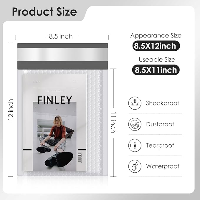 packbabol Bubble Mailers 8.5x12" 50 Pack Grey and White Padded Envelopes Mailers Waterproof Usable Size 8.5x11 Self-Seal Padded Mailing Envelopes Bubble Opaque Padded Mailer for Small Businesses，#2