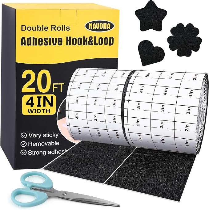 20Ft x 4 Inch Heavy Duty Hook and Loop Strips with Adhesive, Black | 4X Extra-Strong Hold, Measuring Scale Liner, Bonus Scissors, Durable Nylon Hook & Loop Tape, Ideal for Home, Office & DIY