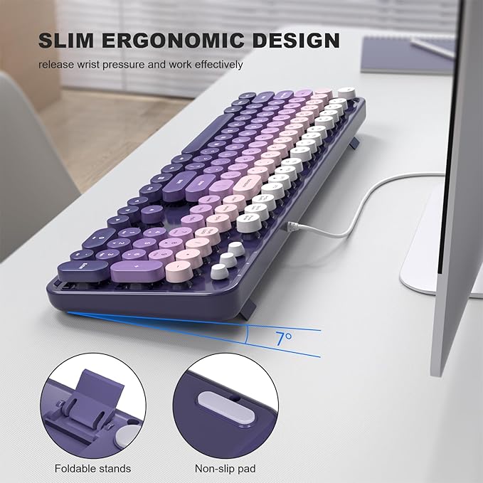 Computer Keyboard Wired, Plug and Play USB Retro Round Typewriter Keyboard, Full Size Wired Keyboard with Foldable Stands for Laptop and Office PC