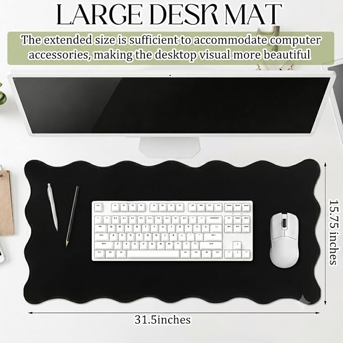 Hahafelt Scalloped Desk Mat Waterproof,Black,23.6 X 13.8 Inches | Coquette Preppy Style for School Office Makeup Vanity, Nonslip Gaming Desktop Protector with Scalloped Stitched Edge Mat