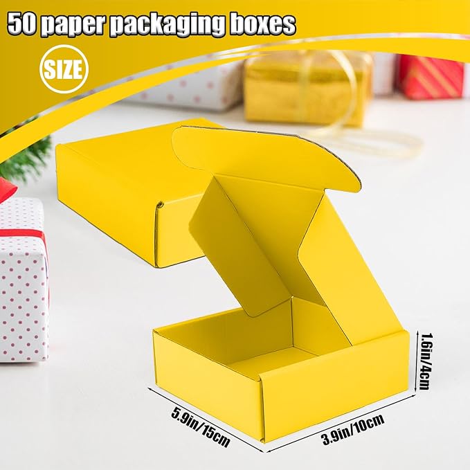 Small Shipping Boxes, 50 Pack Cardboard Box Corrugated Mailer Boxes Small Corrugated Boxes For Shipping Packaging Craft Gifts Giving Products, 6 x 4 x 1.6 Inches (Yellow)