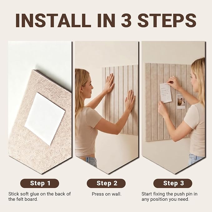 48" x 36" Large Felt Bulletin Cork Board 12PCS 60 Adhesives 50 Pushpins | Bulletin Board Pin Board, Sound-Dampening Damage-Free Mounting, Dorm Essential Wall Decor for Home & Officice, Light Camel