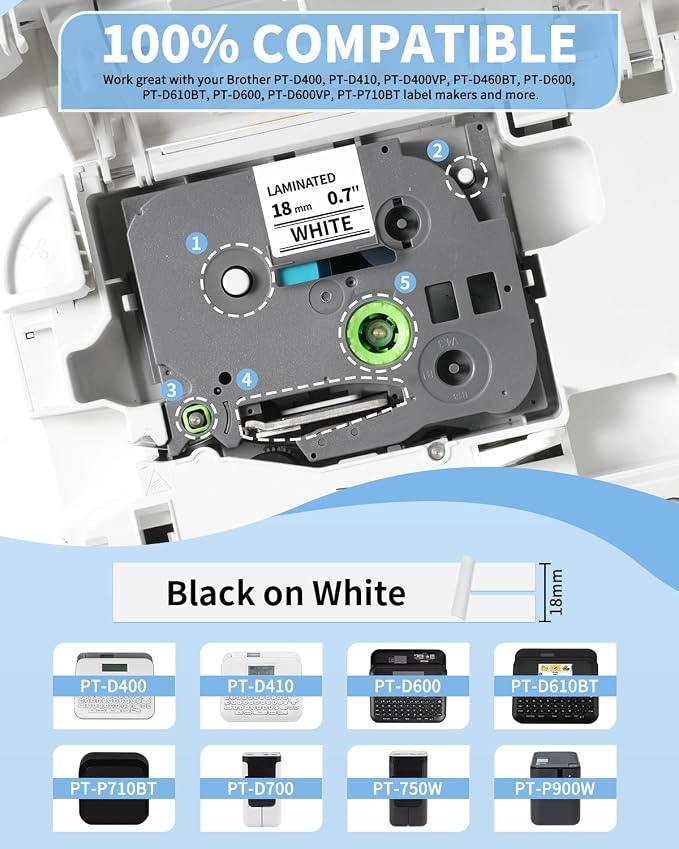 TZe-241 TZe241 Replacement for Brother P Touch Label Tape TZe TZ Tape 18mm | 0.7 Inch Laminated White Label Maker Tape, Compatible with Brother PT-D400 PT-D410 PT-D600 PT-D610BT, 3/4 Inch, 4-Pack