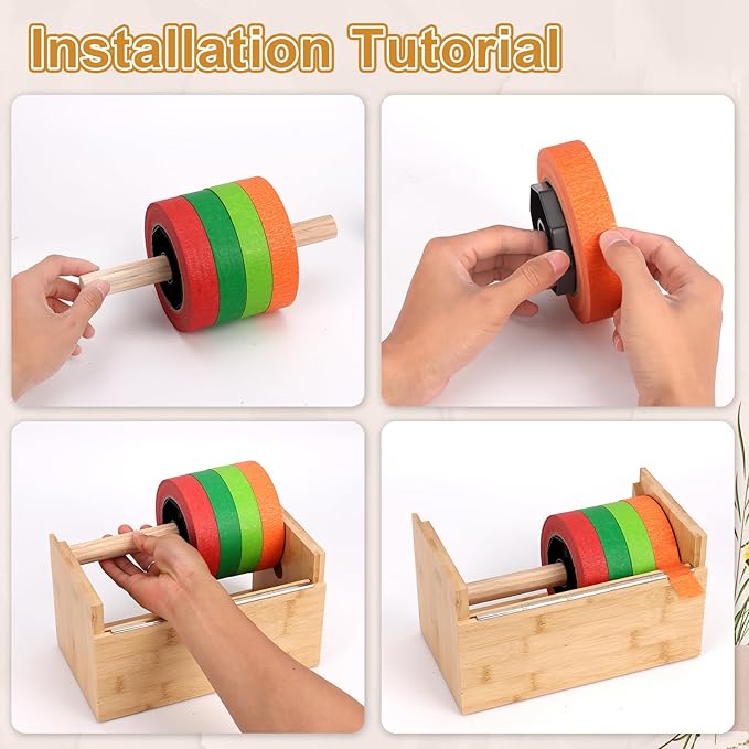 Wood Masking Tape Dispenser Fits 1" and 3" Core Large Tape Dispenser 3 Inch Core Painters Tape Dispenser Multi Roll Tape Holder Craft Tape Dispenser with 8 Pcs 3 Inch Core for Heat Tape (No Tape)