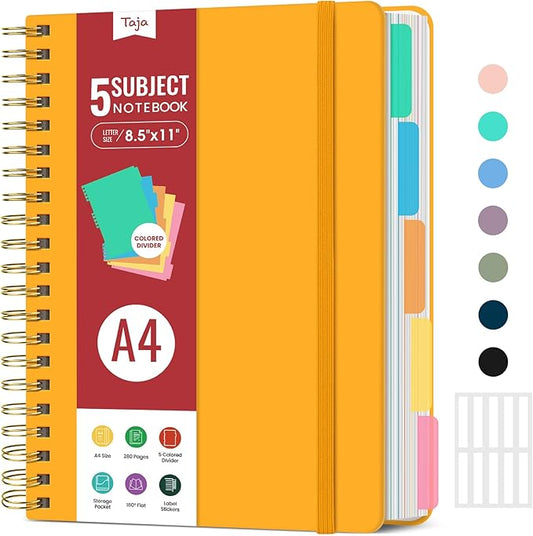 Hardcover Spiral Journal Notebooks for Work With Removable Dividers & Tabs, 8.5"x11" 5 Subject Notebook for Note Taking & Organizer, A4 College Ruled Lined Journal for Women & Writing, Yellow, 280 Pages