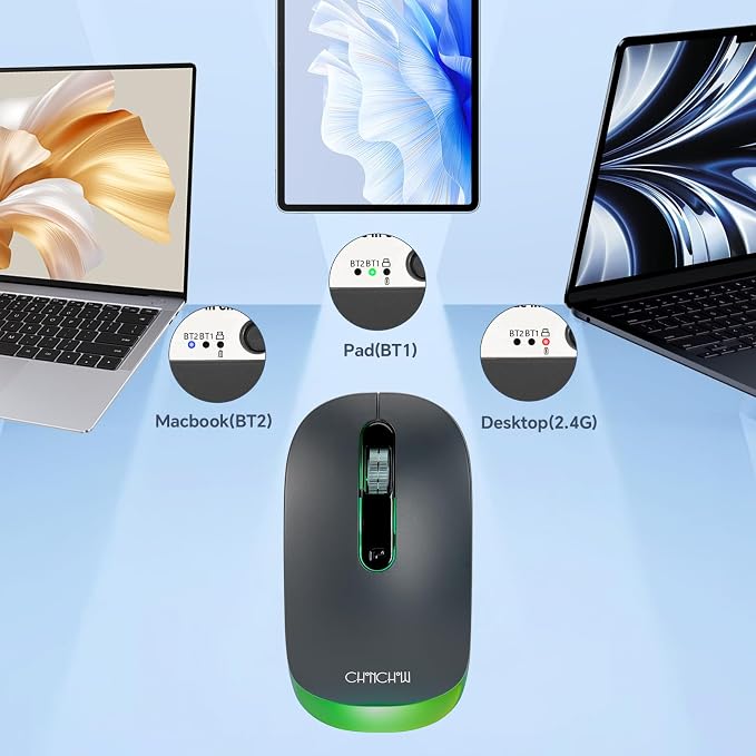 Wireless LED Mouse Rechargeable 2.4GHz/Bluetooth Multi Connect Method Silent Slim with Big Exchangeable Battery 1600DPi USB compatible with Mac Windows for PC laptop office with C-adapter cord manual