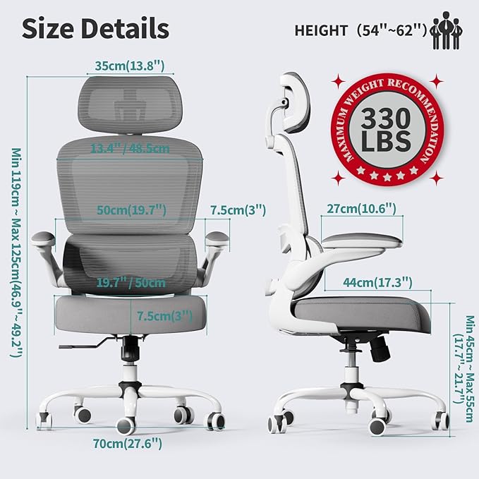 TRALT Office Chair Ergonomic Desk Chair - Gaming Chair with Lumbar Support (6, White) | 330 LBS Home Office Desk Chairs with Headrest, Reading Chair with Flip-up Armrests, Comfortable Computer Chairs (6, White)
