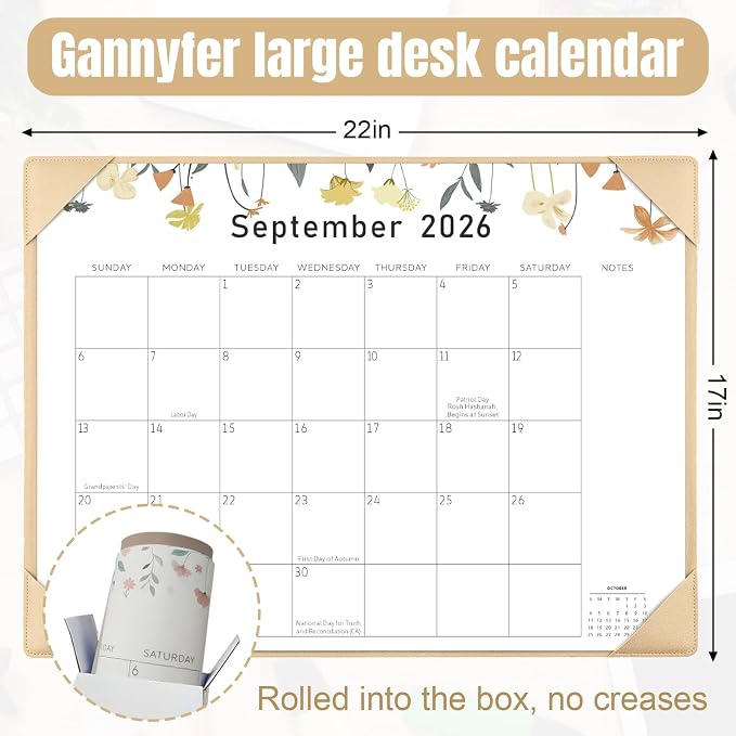 Gannyfer Large Desk Calendar 2026-2027 with Desktop Mat - 18 Month Table Calendar, 22" x 17" Desktop Pad Calendar, Teacher Calendar for Planning and Organizing In Your Family, School or Office - Small Fresh Florals (6 Stickers Included) (Brown)