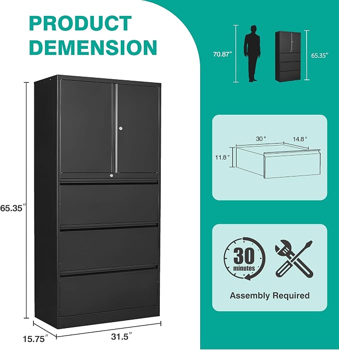 3 Drawer Lateral File Cabinet with Lock and Shelf,Black Metal Filling Cabinet with Drawers and Shelf, Locking File Storage Cabinets with Doors and Shelves for Home,Office,Garage,School