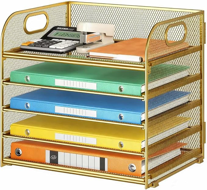 Lavatino Desk Paper Organizer Trays, Gold 5-Tier Mesh File Folder Sorter with Handles, Letter Holder Organizer for Office, Home, School Supplies Storage & Organization