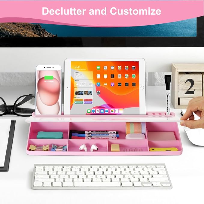 Desktop Glass Whiteboard with Storage, Desk Dry Erase White Board Pink | Computer Keyboard Stand, Office Desk Organizers and Accessories with Drawer, To Do Memo Notepad, Home School Supplies