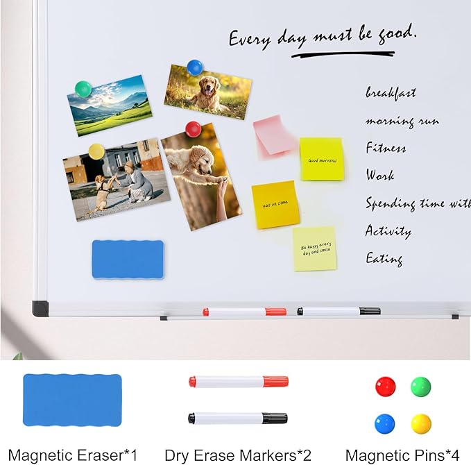 OLIXIS 24" x 48" Magnetic White Board, Dry Erase Board for Wall 24" x 48", Whiteboard with 1 Dry Eraser & 2 Multicolor Markers & 4 Magnetic Pins, Aluminium Frame for Home, School, Office, White