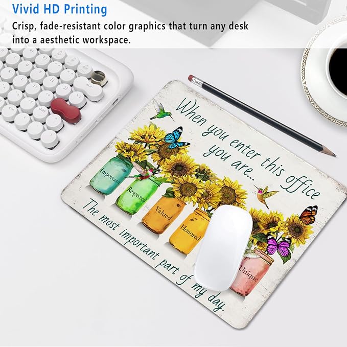 Sunflower Office Quotes Mouse Pad, 9.5"x7.9" Non-Slip Mousepad | Personalized printed square mousepad with inspiring quotes. Clean-cut flush edges & premium smooth cloth for working decor.