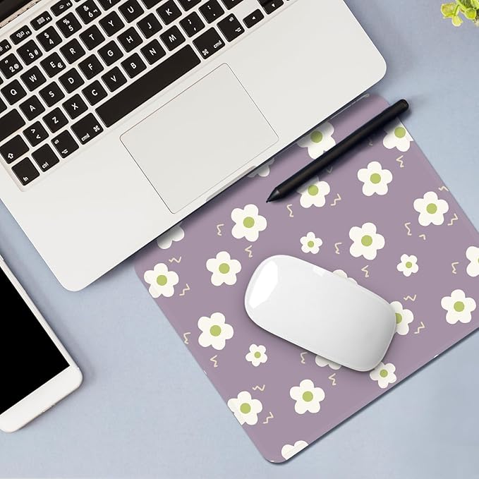 Mouse Pad with Stitched Edges - Purple Floral Mousepad for Women, 9.25 x 7.75 inch Washable Square Desk Pad, Non-Slip Rubber Base, Office Home Laptop Accessories - Purple Bloom