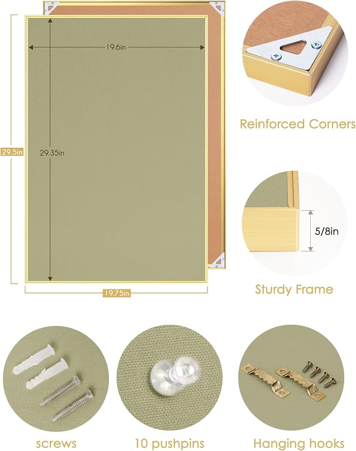 Fabric Bulletin Board 30x20 inches, Golden Aluminum Framed Wall Pin Board | Cork Board Alternative for Wall with Push Pins for Office and Home, Linen Display Mood Board for Photos, Notes & Reminders