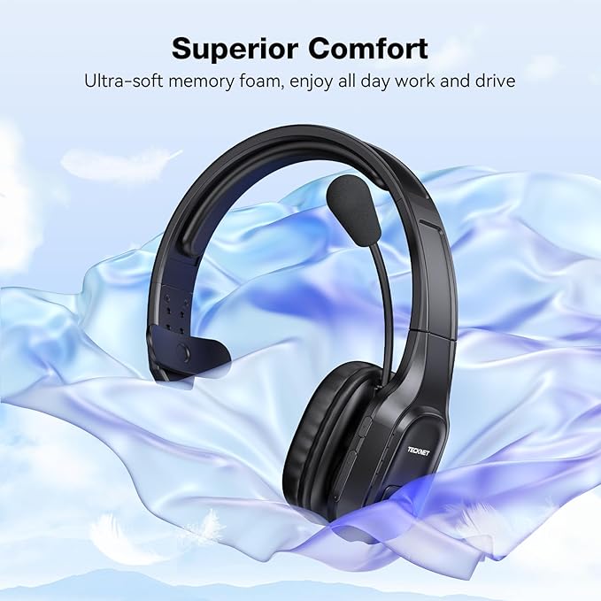 TECKNET Trucker Bluetooth Headset, Trucker Bluetooth Headphones with Microphone AI Noise Canceling Wireless On Ear Headset, Hands Free Wireless Headset for Cell Phone Computer Office Home bright black