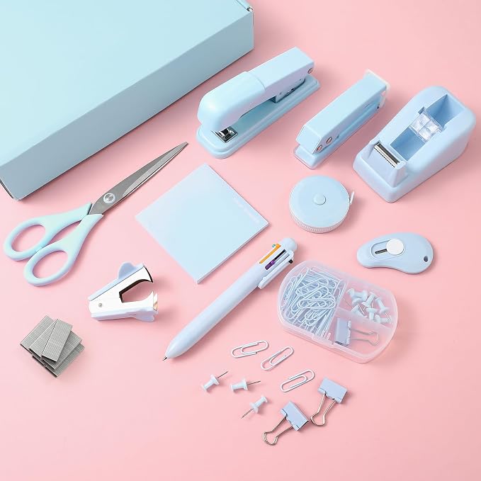 Blue Desk Accessory Kit Cute Office Supplies Set Desktop Stapler Set Includes Staple Remover Hole Punch Tape Dispenser Ballpoint Pen Scissor Mini Box Cutter Tape Measure Paper Clips Sticky Notes