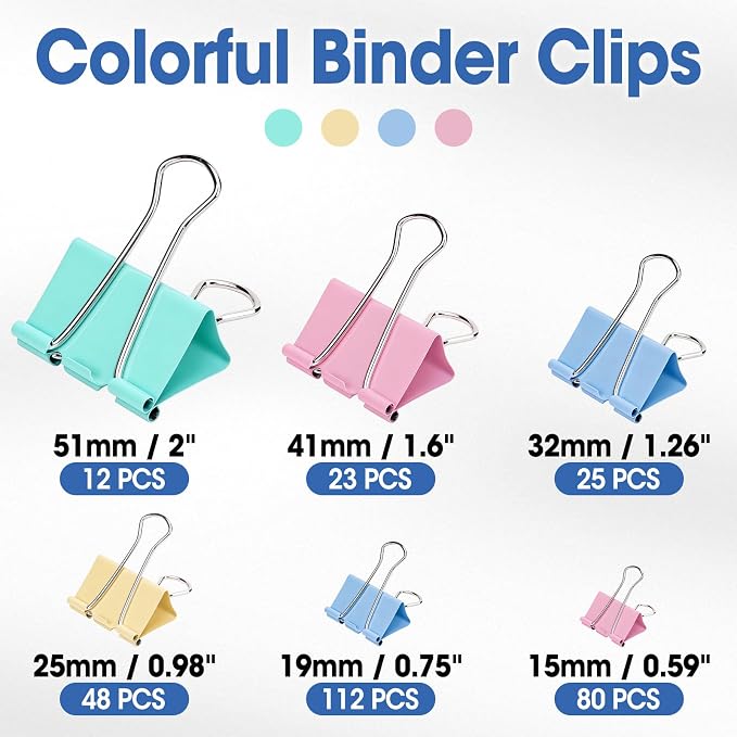300 PCS Binder Clips Assorted Sizes, 6 Size Paper Clips Colored, Including Extra Large Medium Small Mini and Micro for Office School Family to Organize Documents