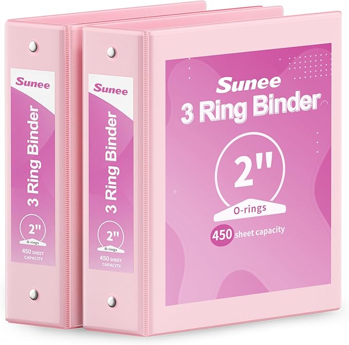 SUNEE 3 Ring Binder 2 Inch 2 Pack, Clear View Binder Three Ring PVC-Free (Fit 8.5x11 Inches) for School or Office Supplies, Pink