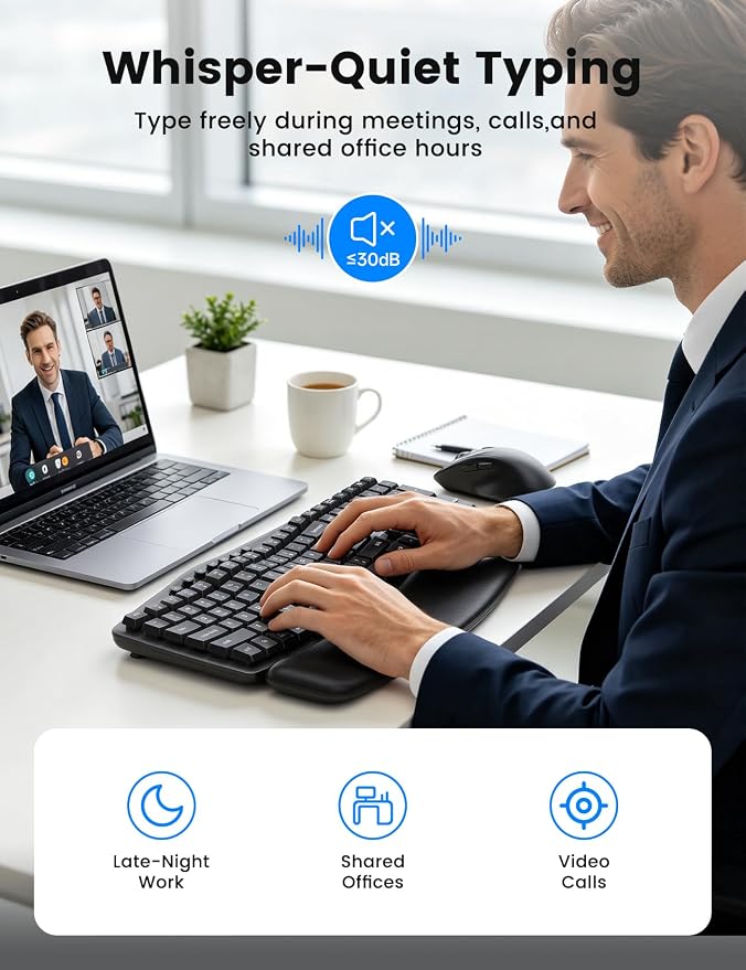 Wireless Keyboard and Mouse Combo, SABLUTE MA41 30dB Quiet Ergonomic Wave Keyboard Set with Soft Leather Palm Rest, Dual-System Switch for Windows/Mac, Ideal for Business Teams Home Office | Soft Leather Memory Foam Wrist Rest, 2.4GHz Wireless, UAB-A &...