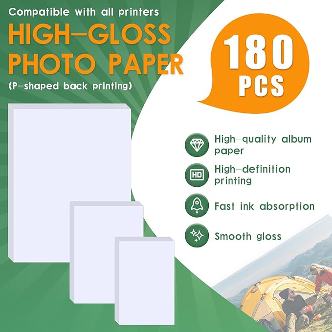 Lokunn 180 Sheets Photo Paper Glossy 4x6, 5x7, 8.5x11 inch,Inkjet Printer Photo Paper for Dye Ink, Suitable for Flyers, Calendars, Photos, Advertising covers, Recipe Cards and Brochures