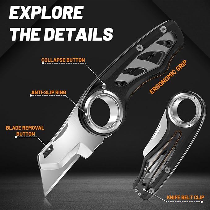 Folding Utility Knife Pocket Knife, Heavy-Duty Box Cutter with Aluminum Body, Quick Change Blades, Anti Slip Finger Loop, Box Cutter for Home, Office, Warehouse, Durable Razor Knife, Box Knife - Black
