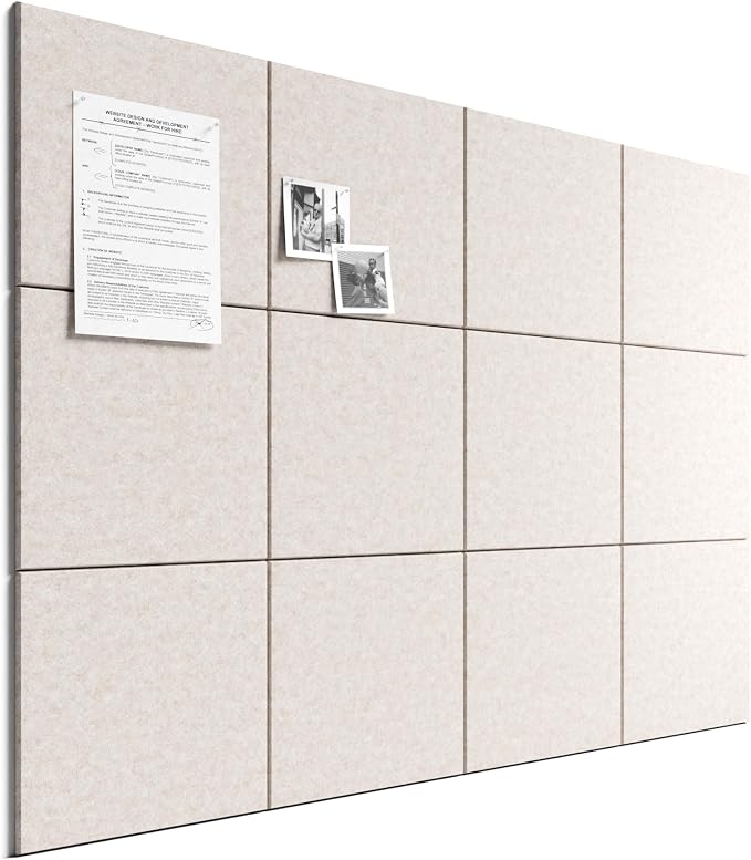 Bumusty 48"x 36" Large Felt Bulletin Board Tiles, Oatmeal | 12-Pack Cork Board Alternative, Wall Decor, 30 Pushpins, 60 Adhesive Tabs, Vision Board, Office, Classroom, Home, Dorm