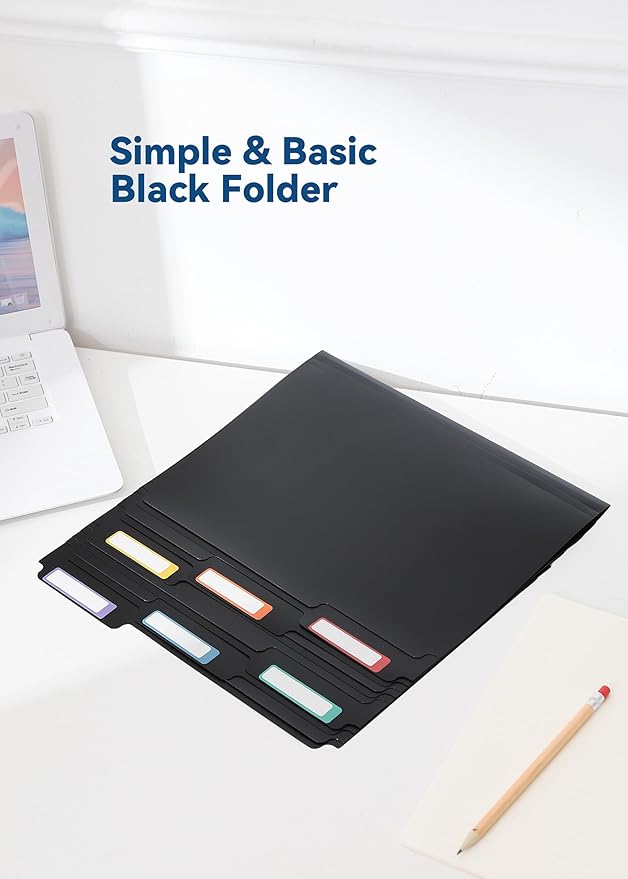 Plastic Manila Folders 8.5 x 11, 12 Pack, Poly Black File Folders, 1/3-Cut Tabs with Colorful Labels, Letter Size