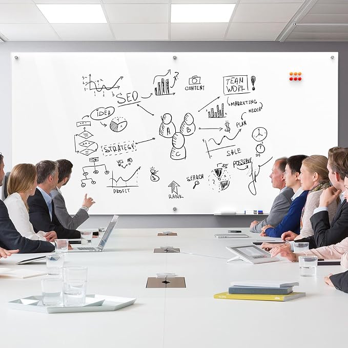 MaxGear 96" x 48" Glass Whiteboard Wall Mounted for Office Home Classroom | Magnetic Glass Dry Erase Board, Tempered Glass, Steel Backed, Non-Porous Surface, Frameless Design, Hardware Included