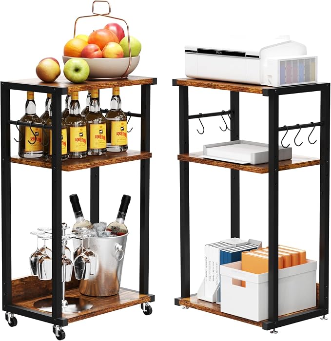 YMYNY 3-Tier Mobile Printer Stand 32.28*17.32*11.81" Rustic Brown HPT002H | Printer Cart with Adjustable Storage Shelf & 6 S-Hooks Tall Printer Table for Home Office,for Computer Tower Stand,Shredder