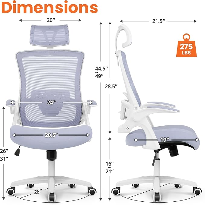 NEO CHAIR Office Desk Chair with Ergonomic High Back Mesh Headrest, Purple | Adjustable Headrest and Lumbar Support with Flip-Up Armrests Designed for Extended Sitting Comfort While Saving Space
