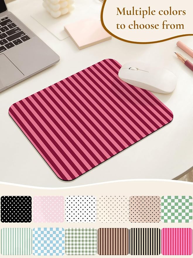 Square Cute Striped Mouse Pad with Stitched Edge, Premium Waterproof Cloth Aesthetic Small Stripe Mouse Mat, Non-Slip Rubber Base Funny Mousepad Desk Accessories,Striped Wine Red