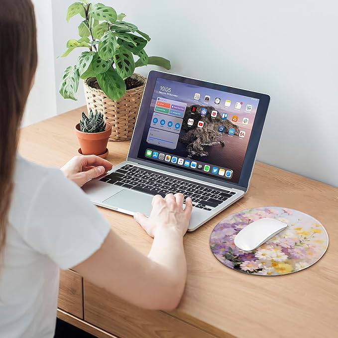 Round Mouse pad, high-end Texture, Sewn Edge Design, Anti-Slip Rubber Base. 8.6 x 8.6 inches (Pastel Flowers)