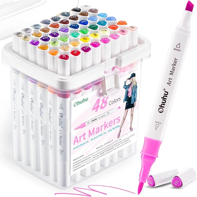 Ohuhu Alcoohol Markers Brush Chisel 48 Colors for Beginner Great Value Pack | Dual Tips Alcohol-based Art Markers for Adult Coloring Illustration, Great Value Pack for Beginners with Unique Designed Grip